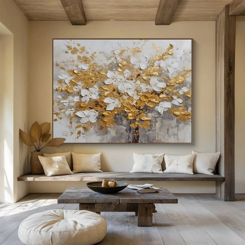 Gold and White Floral Abstract Painting for Luxurious Dining Rooms YHT246