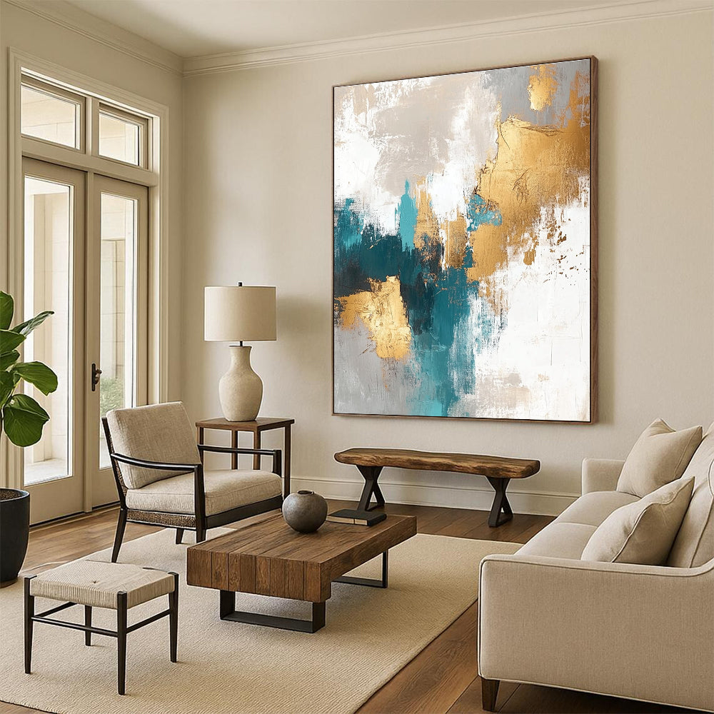 Teal - and - Gold Abstract Painting with Coastal Sophistication WINK328