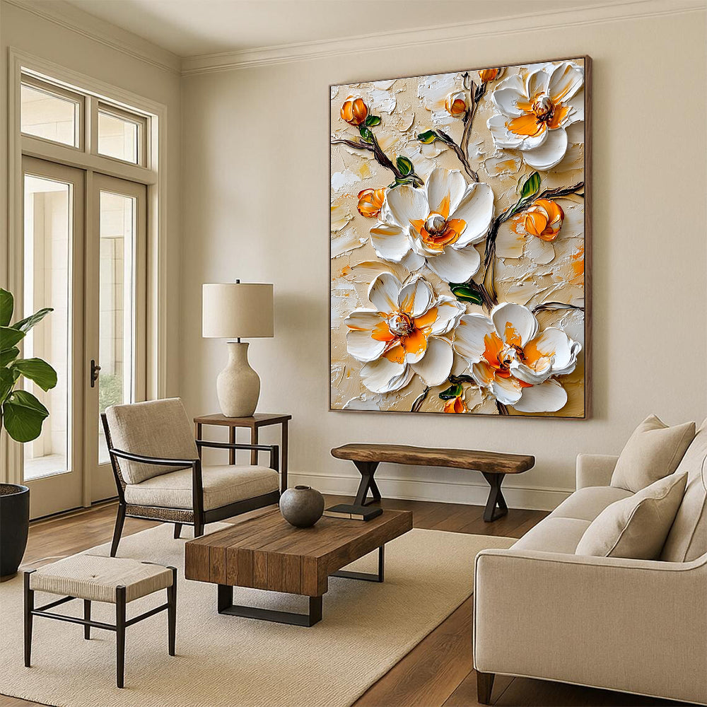 3D White Flowers with Orange Centers Textured Abstract Painting for Elegant Spaces GAB1442