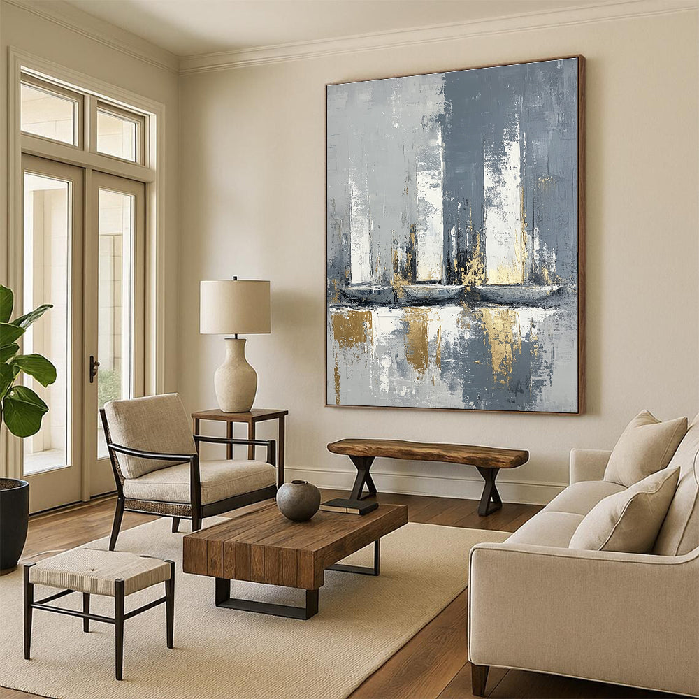 Grey and Gold Abstract Sails Minimalist Painting for Modern Interiors GAB1462