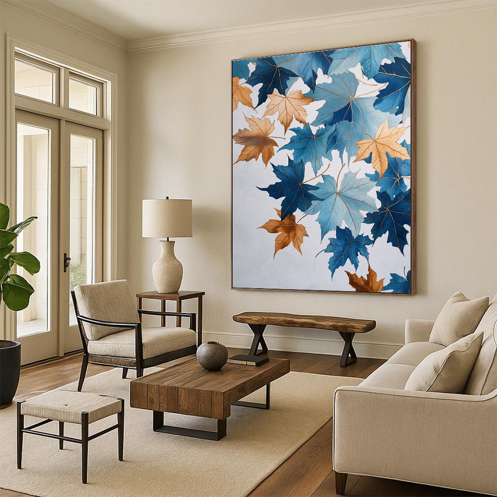 Blue and Gold Leaves Artistic Botanical Abstract Painting GAB0307