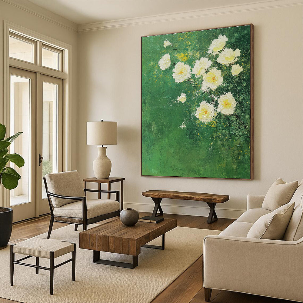 White Roses on Green Impressionistic Abstract Painting GAB0305