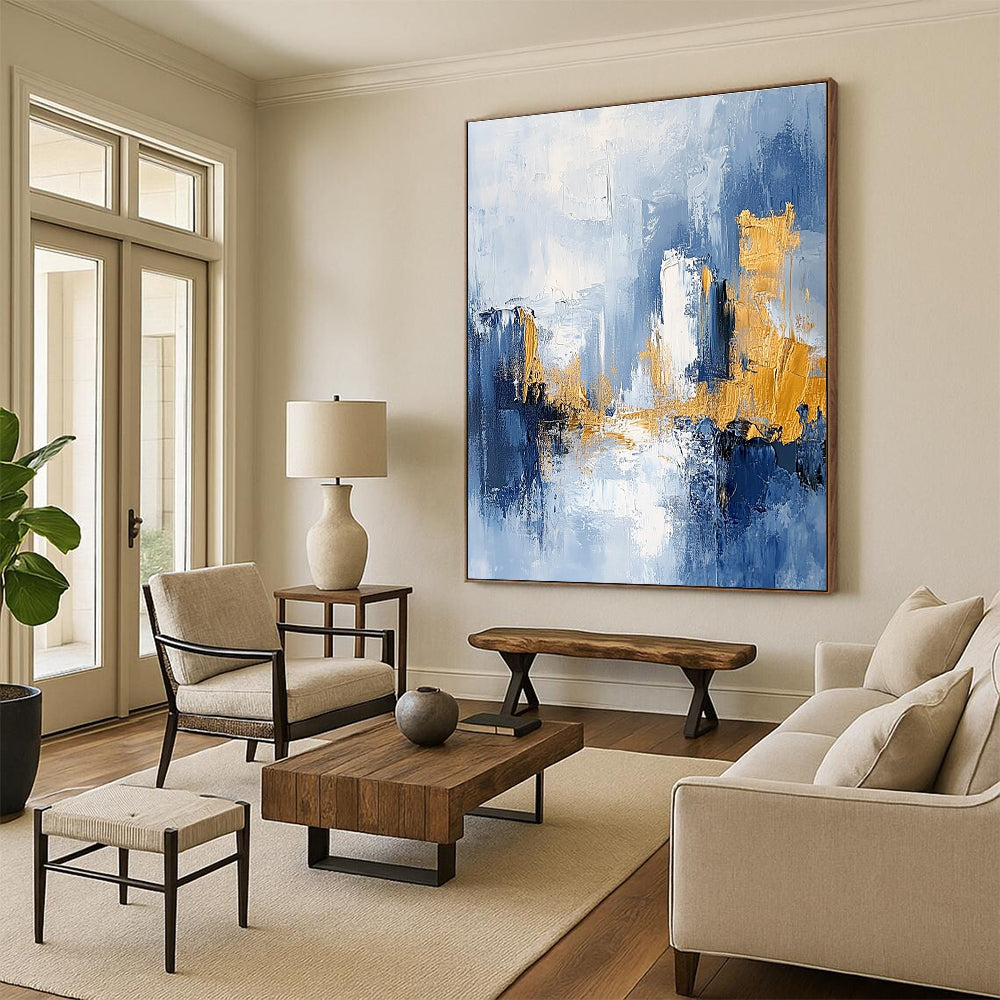 Light Blue - Gold Abstract Cityscape Painting with Dreamy Urbanity WINK378