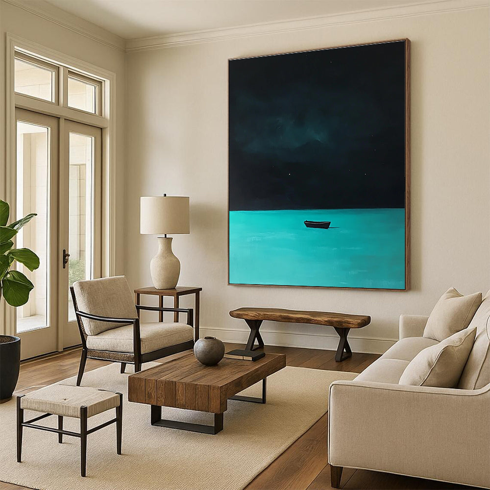 Boat on Turquoise Water at Night Mysterious Seascape Abstract Painting GAB0353