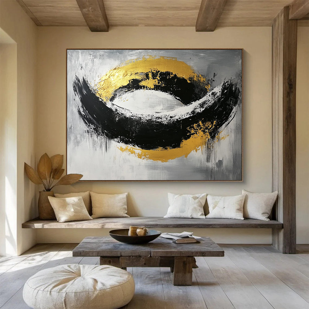 Black, White, and Gold Abstract Painting with Bold Shapes ABS296