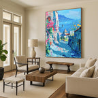 Coastal Town with Flowers Abstract Painting for Mediterranean - Style Cafes HENG530