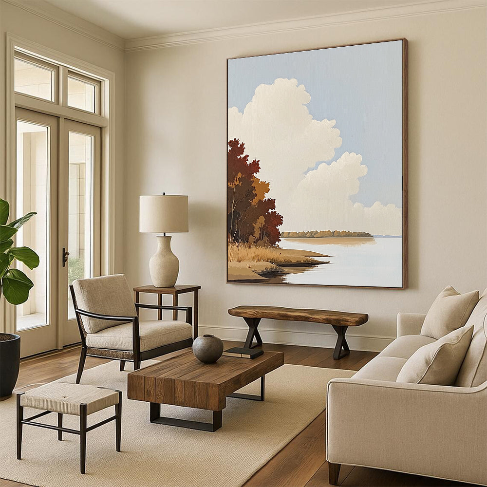 Serene Lake and Clouds Abstract Painting of Calm Nature GAB0155