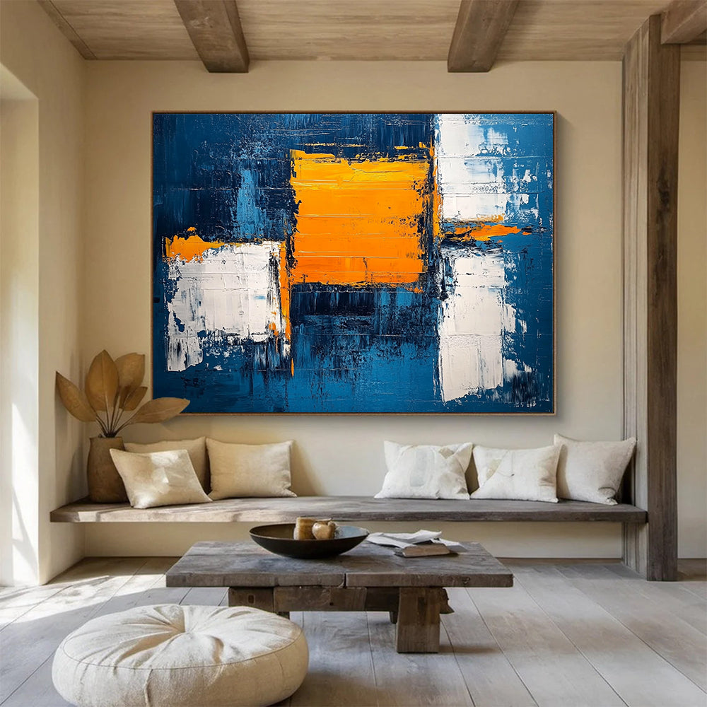 Blue and Orange Geometric Abstract with Textured Edges Abstract Painting ABS382