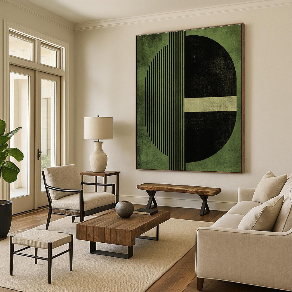 Geometric Green and Black Abstract Painting with Structured Elegance WINK151