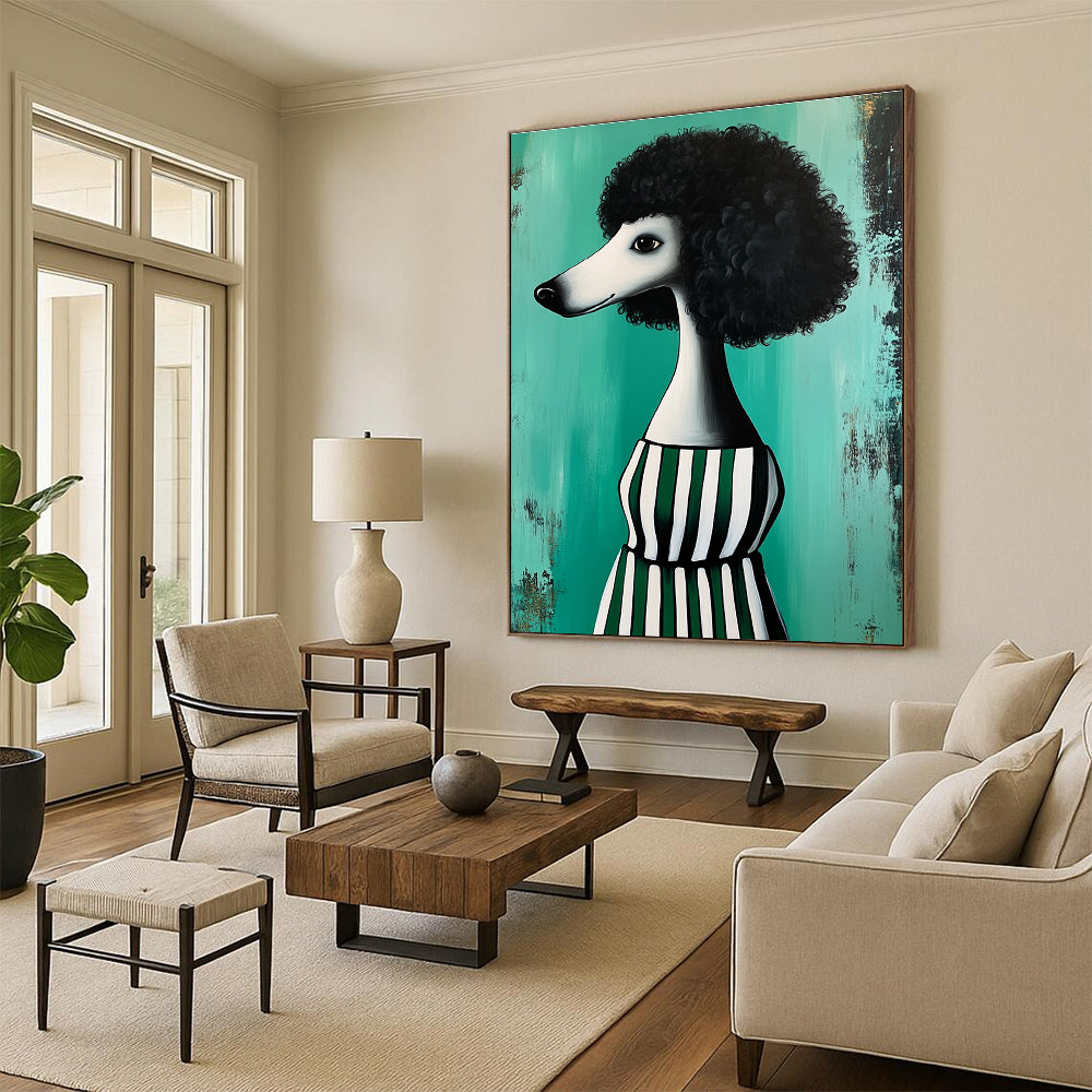 Poodle in Striped Dress Abstract Painting of Quirky Fashion GAB0133