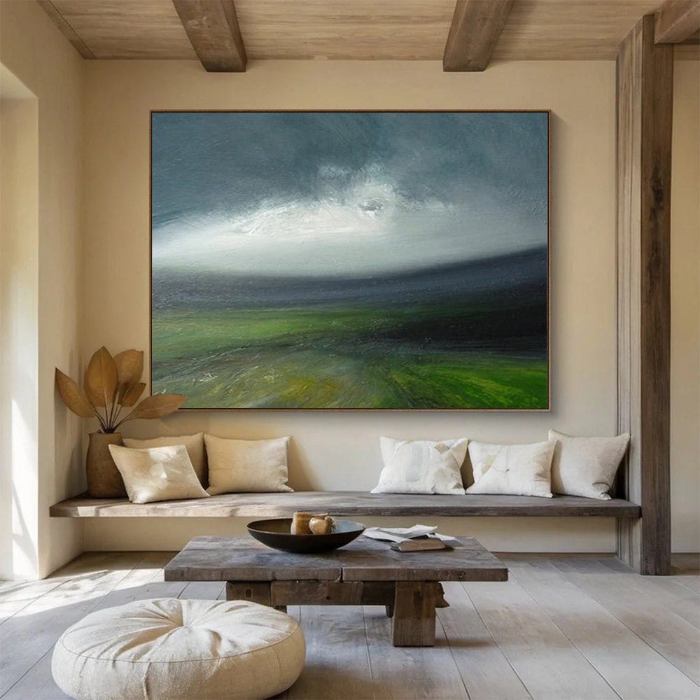 Green Field and Cloudy Sky Landscape Abstract Painting for Nature - Loving Spaces YHT028