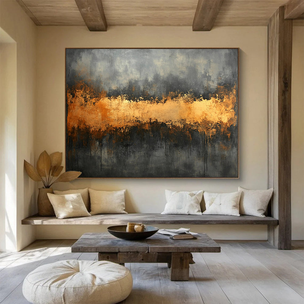 Gray and Gold Abstract Painting with Dripping Textures ABS305