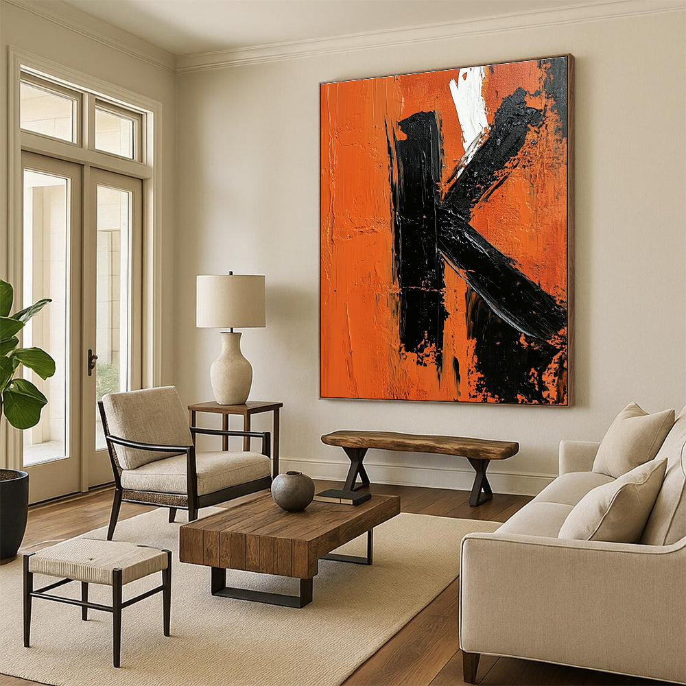 Bold Black and Orange Letter K Abstract Painting for Industrial - Style Spaces GAB1366