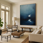 White Bird Over Water Abstract Painting for Coastal Home Bedrooms HENG478