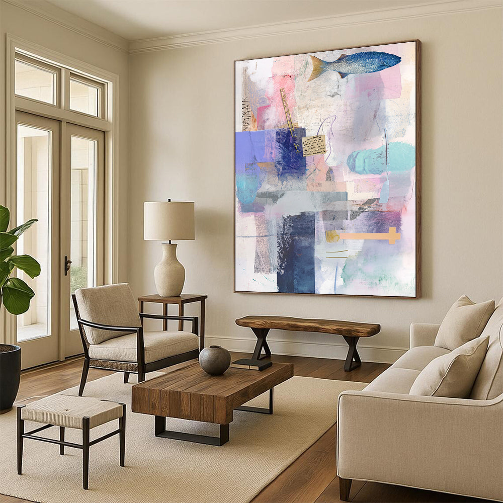 Fish and Text Collage Narrative Mixed Media Abstract Painting GAB0249