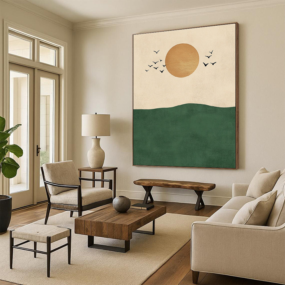 Sun Birds and Green Hill Abstract Painting for Nature - Inspired Living Rooms GAB1380