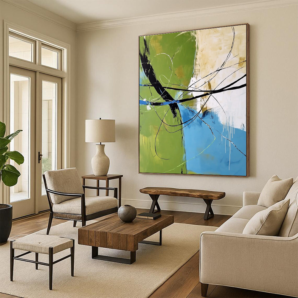 Green Blue Line Abstract Painting for Contemporary Art Galleries GAB0779