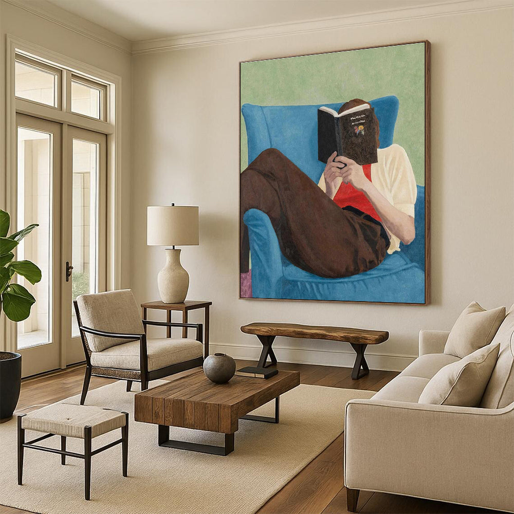 Reader in Blue Chair Figurative Painting for Cozy Reading Nooks HENG303