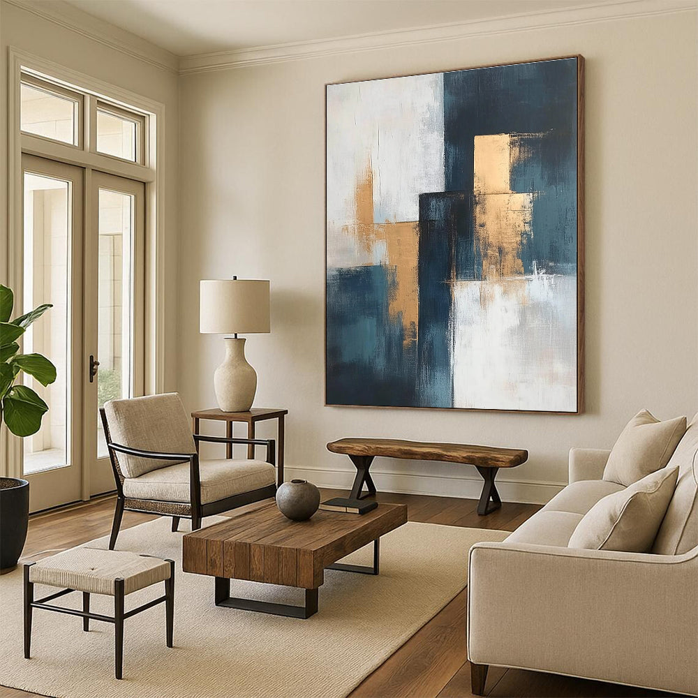 Blue - Gold - White Abstract Blocks Painting with Structured Sophistication WINK374