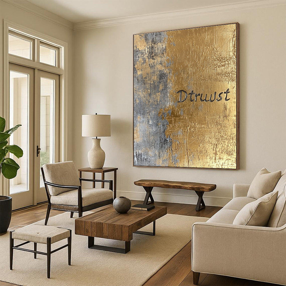 Gold and Gray “Dtruust” Abstract Painting of Inspirational Text GAB0136