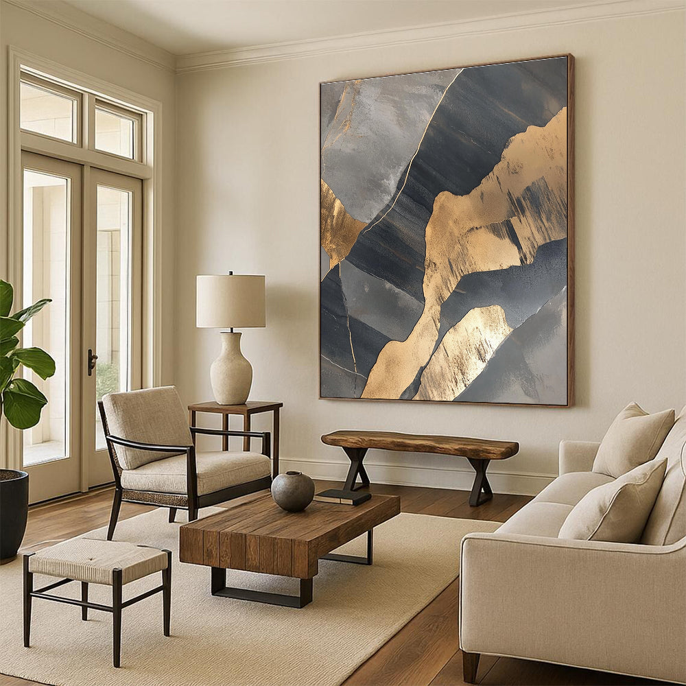 Gray and Gold Abstract Painting with Geometric Shapes WINK836