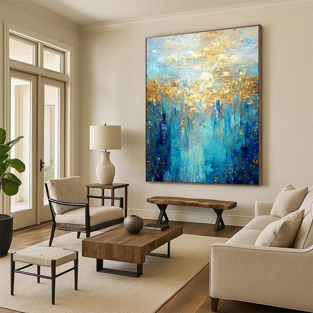 Enchanted Blue - Gold Forest Abstract Painting for Nature - Themed Cafes HENG065