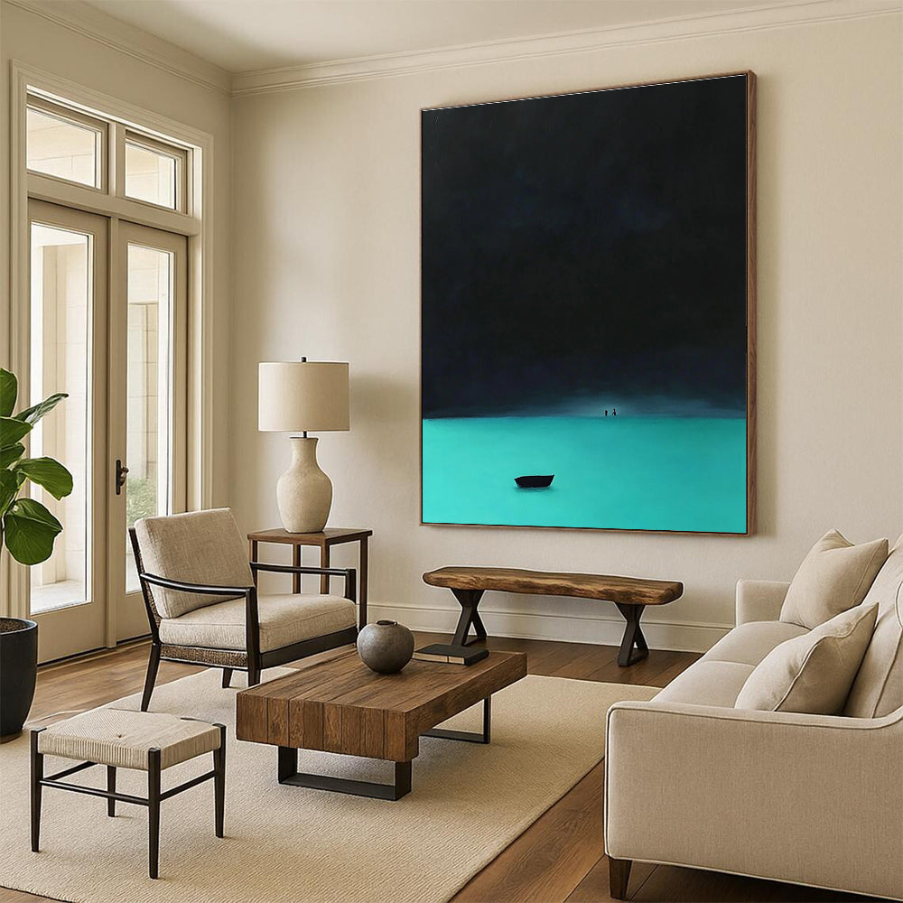 Night Lake with Boat Abstract Painting for Serene Bedroom Retreats GAB1341
