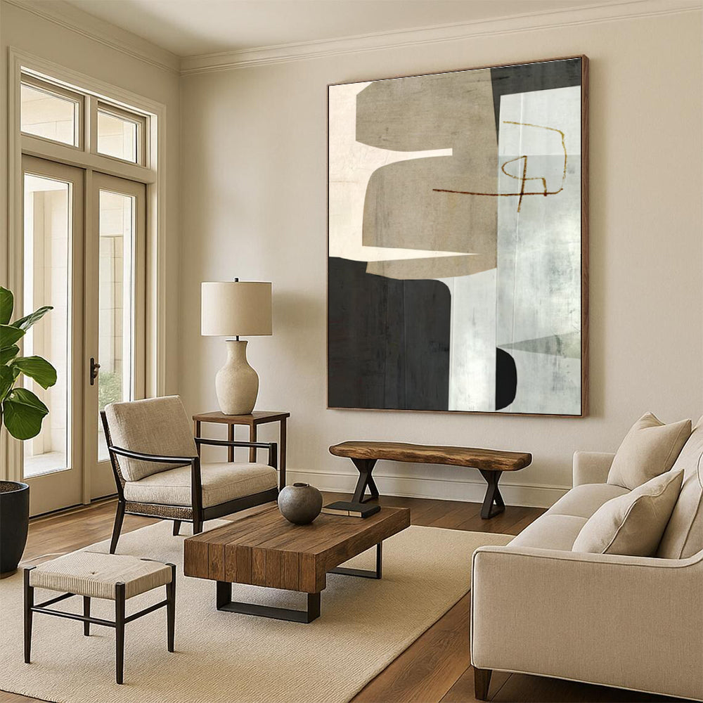 Neutral Geometric Collage Abstract Painting for Sophisticated Office Receptions HENG158