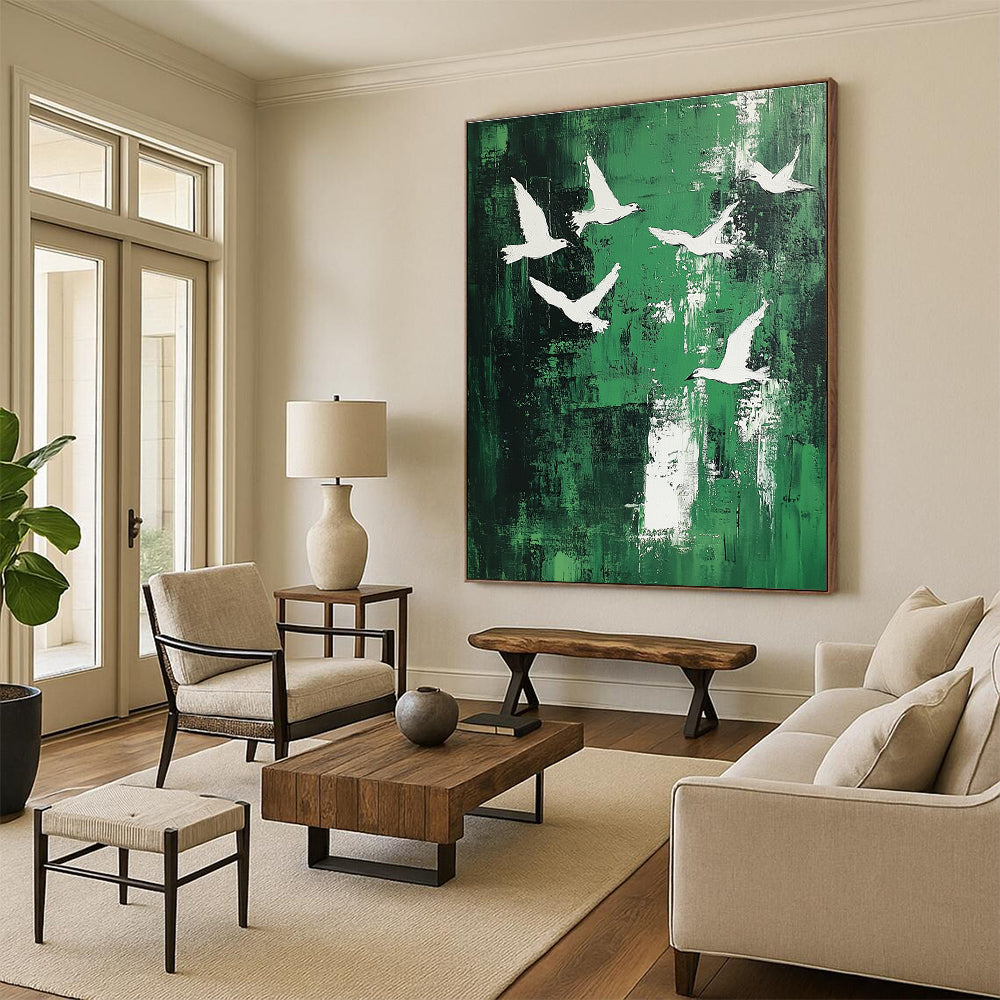 White Birds on Green Abstract Painting for Contemporary Garden Galleries GAB0827