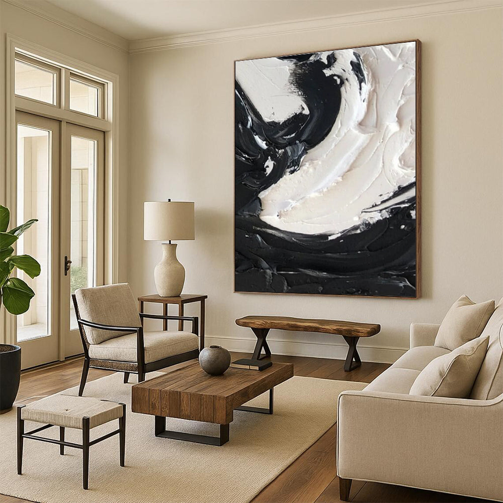 Black - White Swirl Textured Abstract Painting for Contemporary Bedrooms HENG385