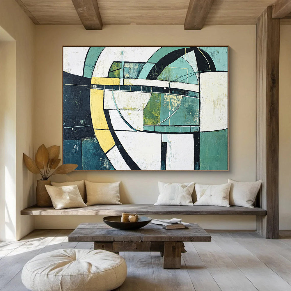 Green and Yellow Geometric Abstract Painting with Structural Harmony ABS411