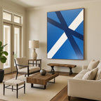 Blue and White Crossed Stripes Abstract Painting with Clean Geometry WINK023