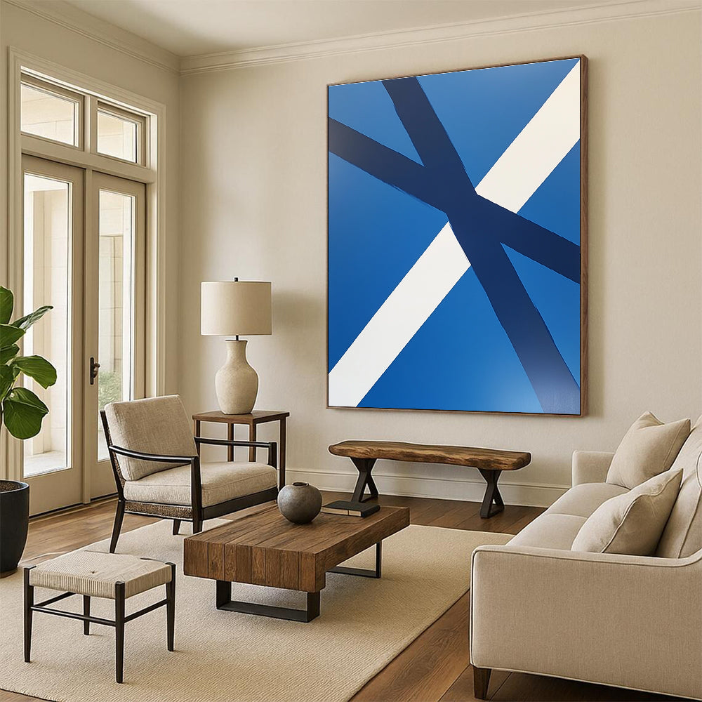 Blue and White Crossed Stripes Abstract Painting with Clean Geometry WINK023