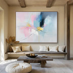 Pink, Blue, and Gold Abstract Painting with Dynamic Thread - like Forms ABS441
