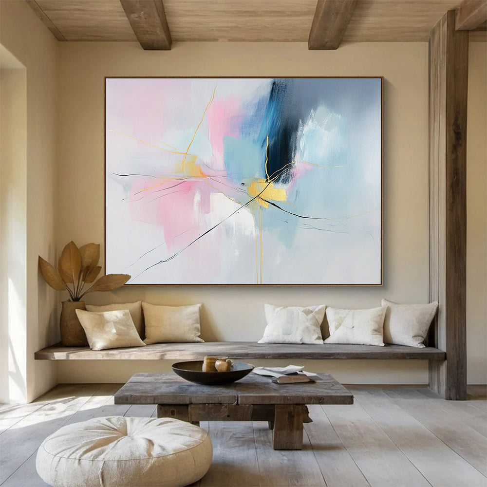 Pink, Blue, and Gold Abstract Painting with Dynamic Thread - like Forms ABS441