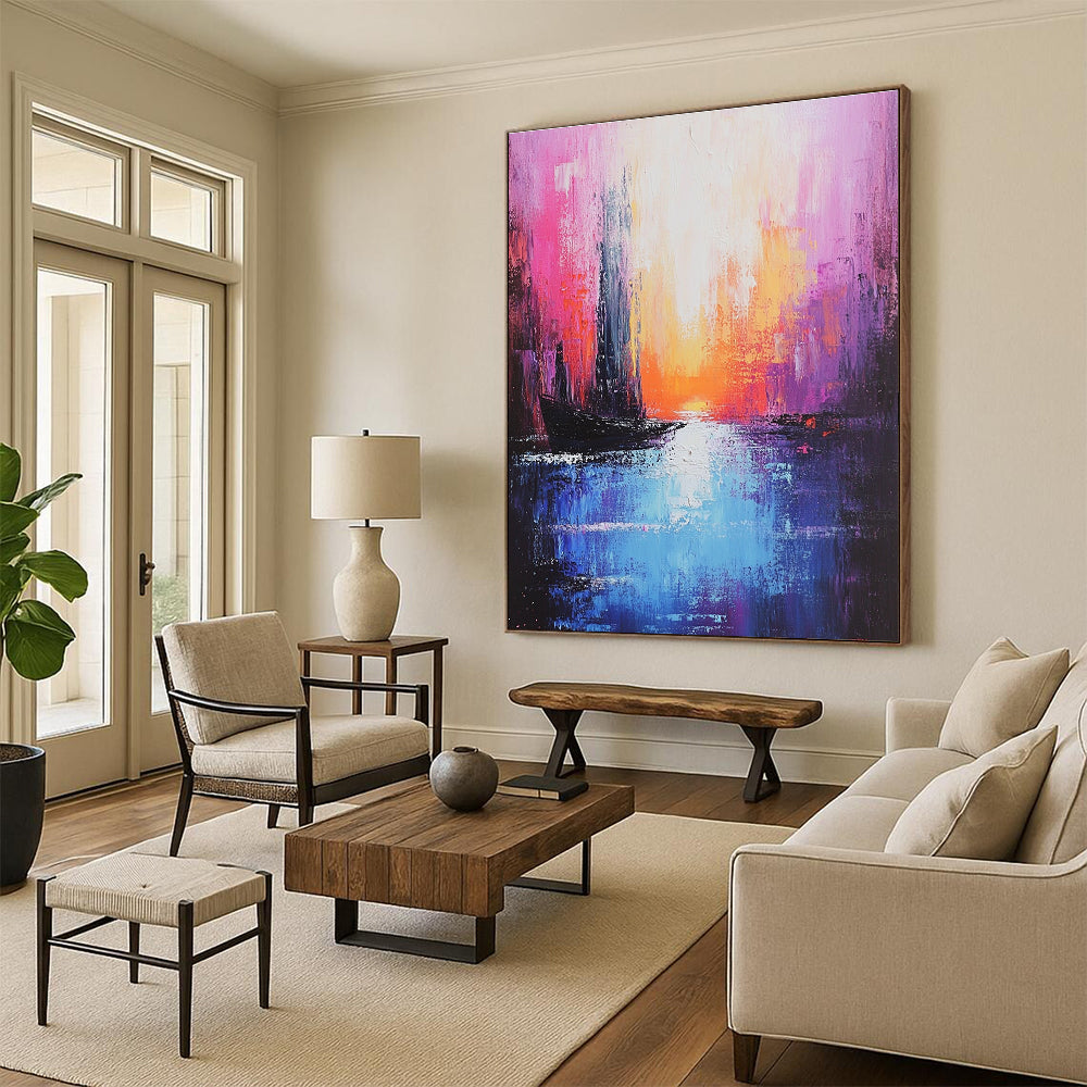 Pink Sunset Cityscape Abstract Painting for Romantic Interiors GAB0734