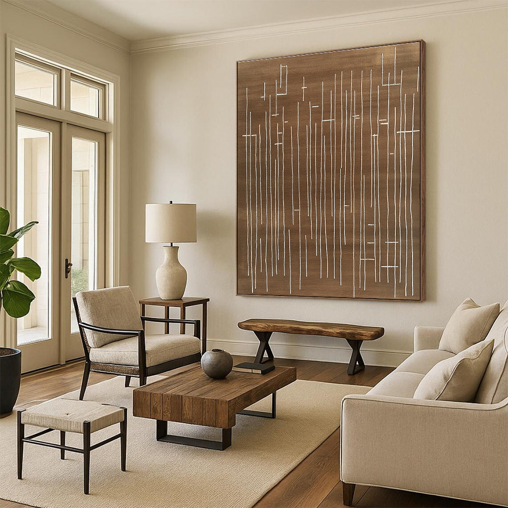 Brown and White Line Abstract Painting with Minimalist Design GAB0049