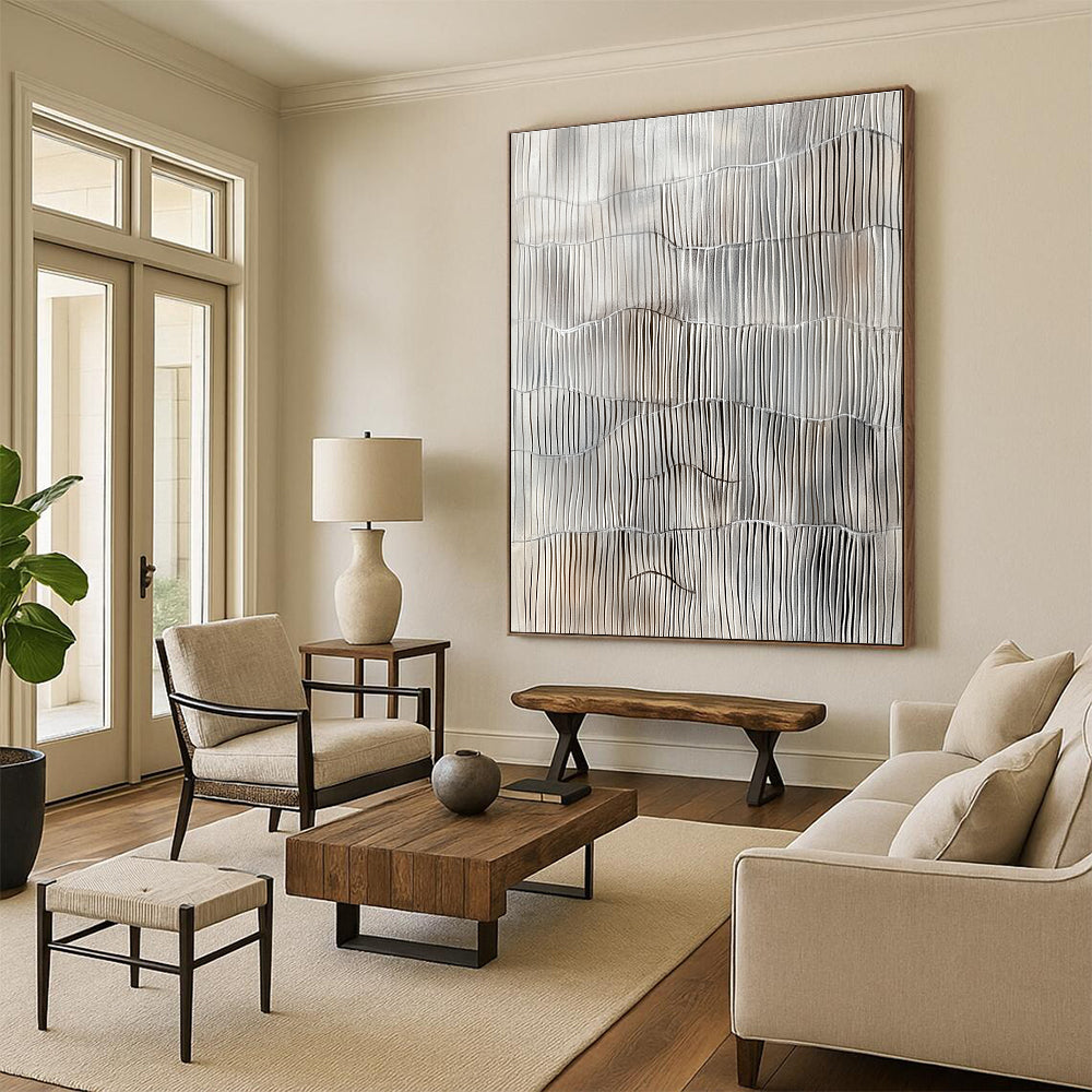 Silver and Gray Wavy Lines Abstract Painting with Subtle Rhythm WINK105