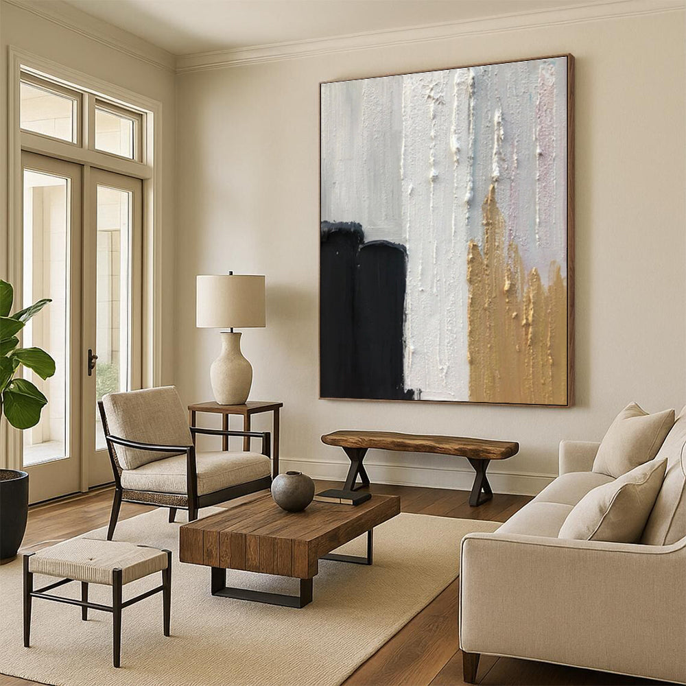 Black - White - Gold Minimalist Abstract Painting for Luxury Studies HENG397