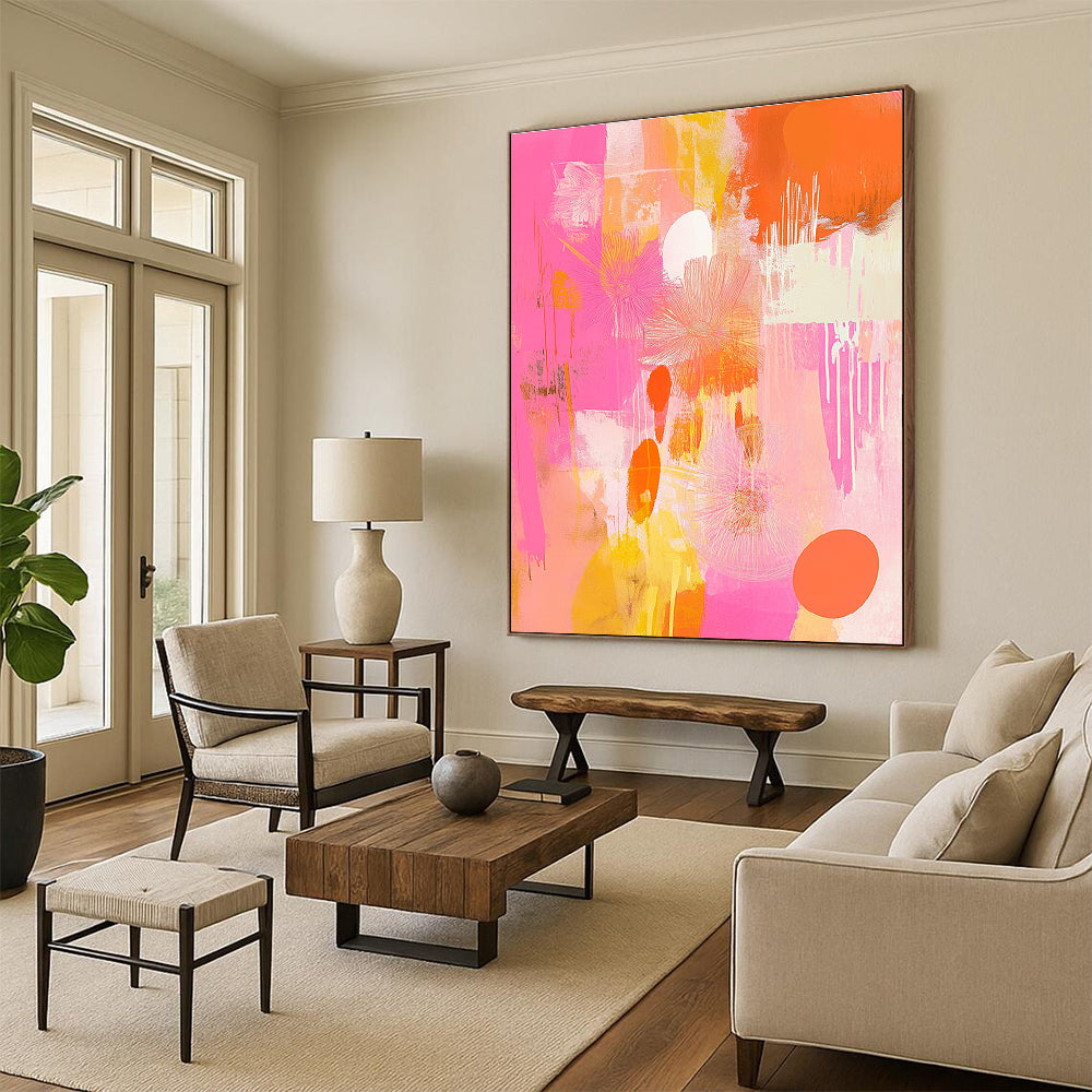 Pink and Orange Abstract Floral Painting for Cheerful Interiors GAB1452