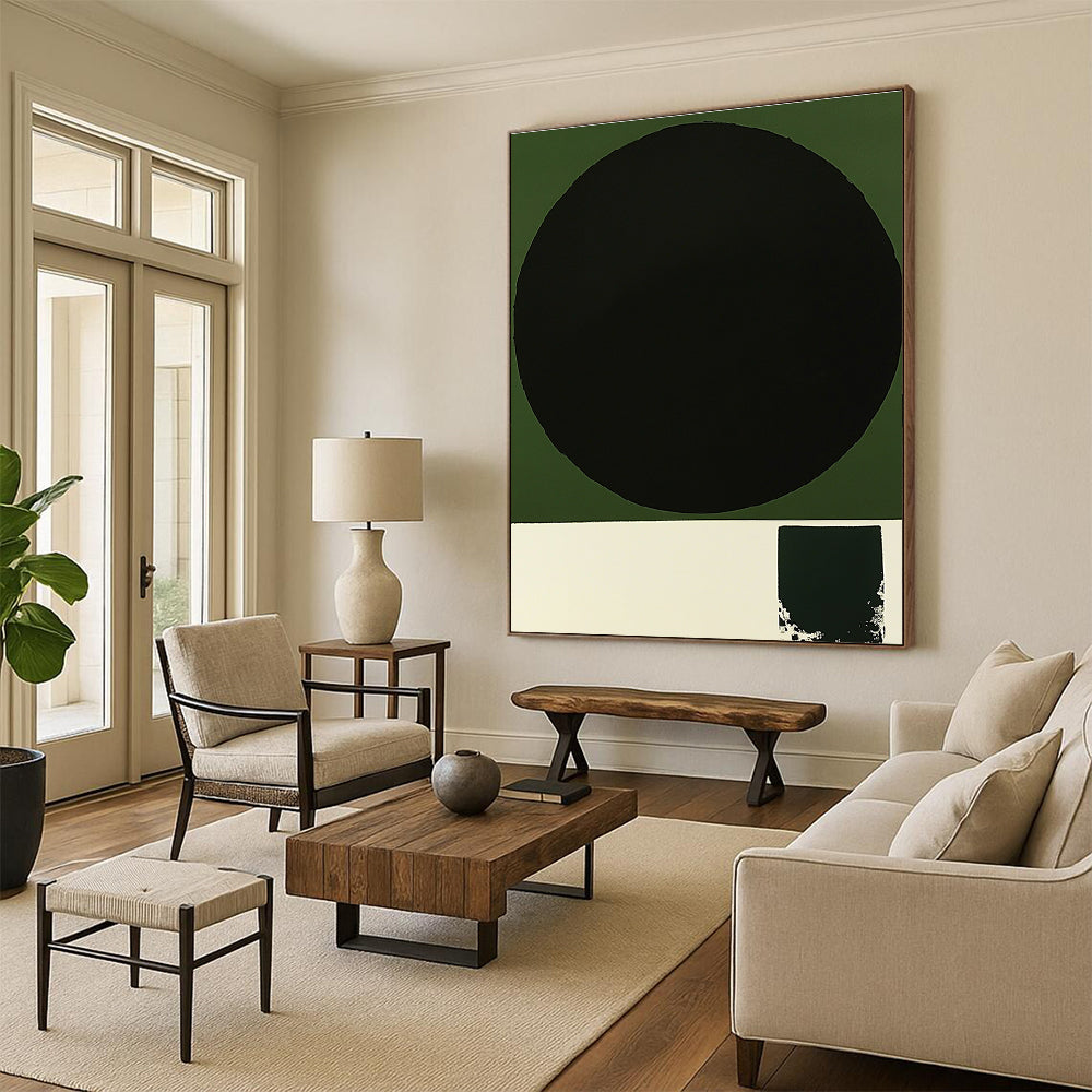Black Circle on Green Abstract Painting with Bold Contrast WINK218