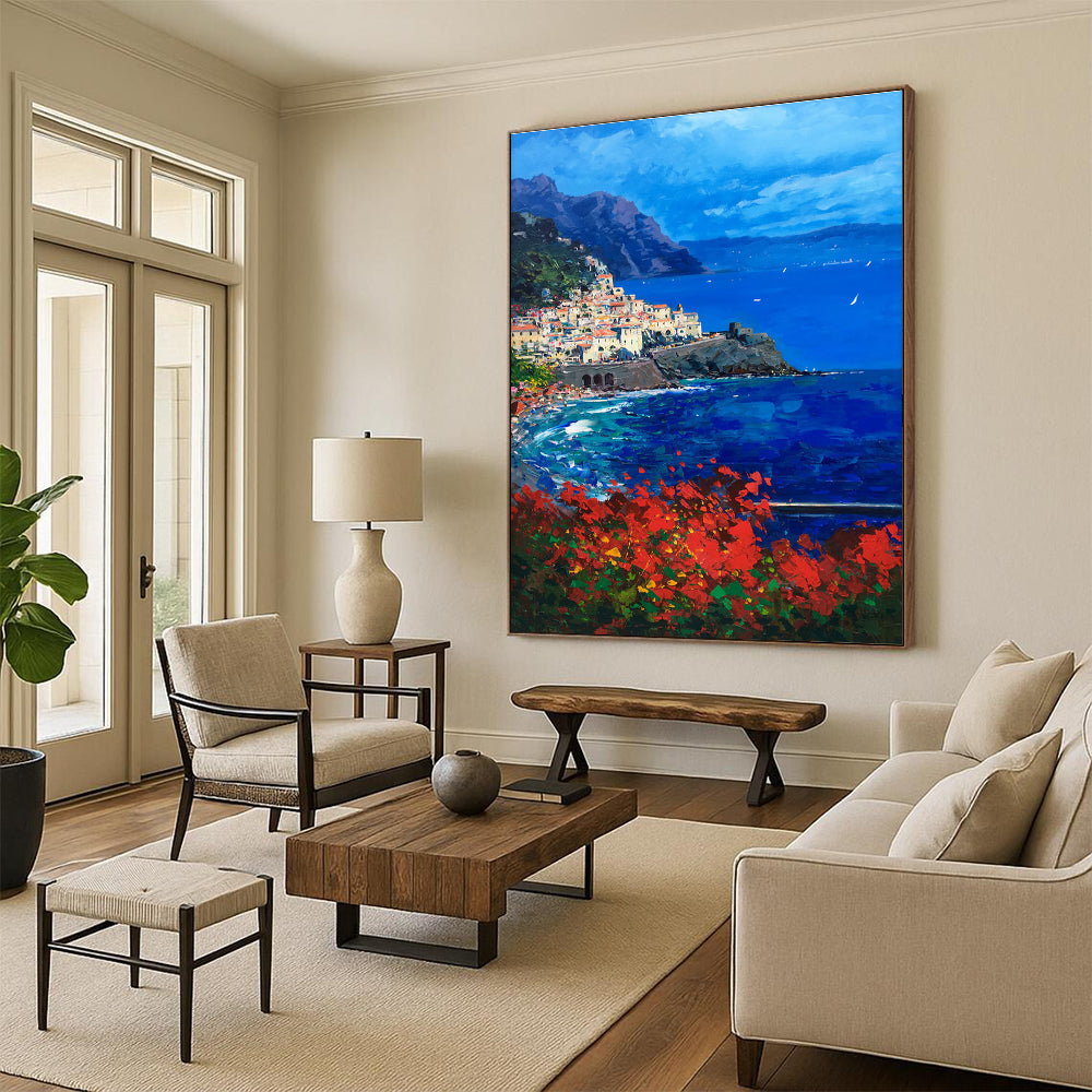 Coastal Village with Mountains Abstract Painting for Italian - Inspired Villas HENG533