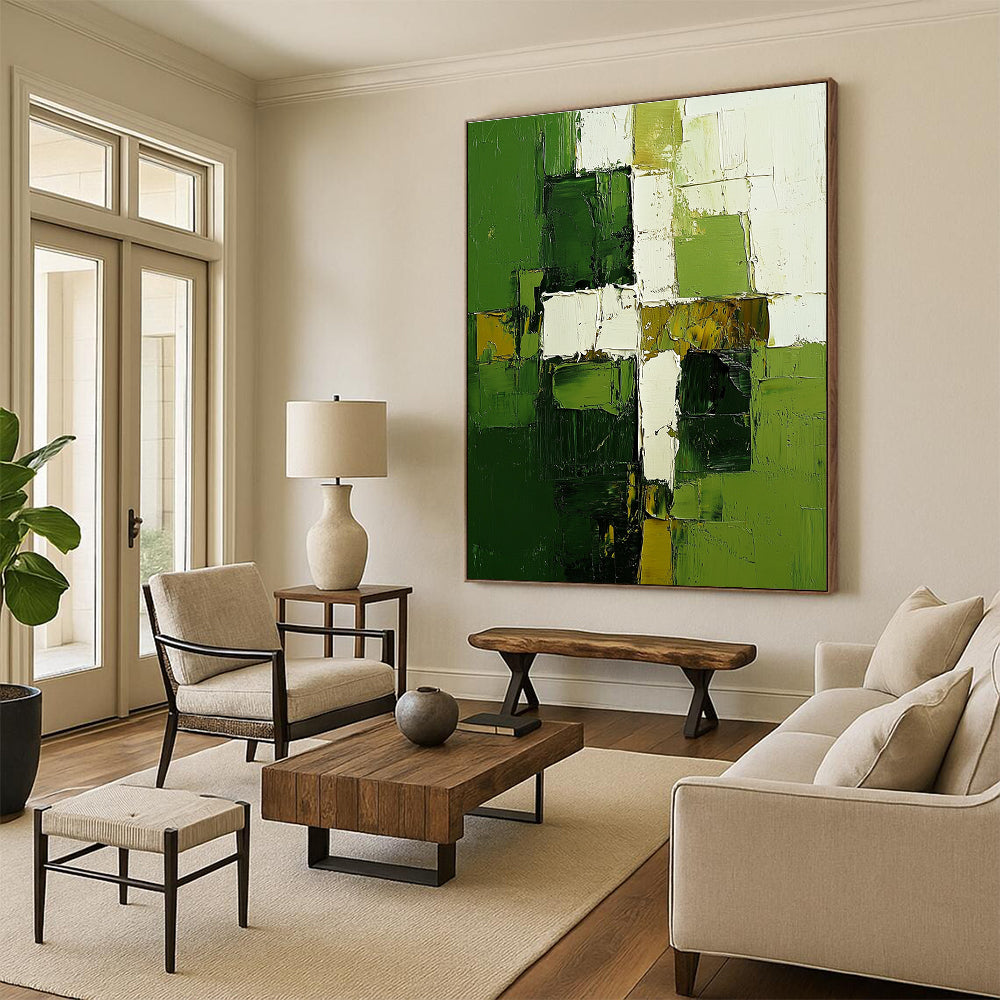 Green White Geometry Abstract Painting for Contemporary Galleries GAB0769