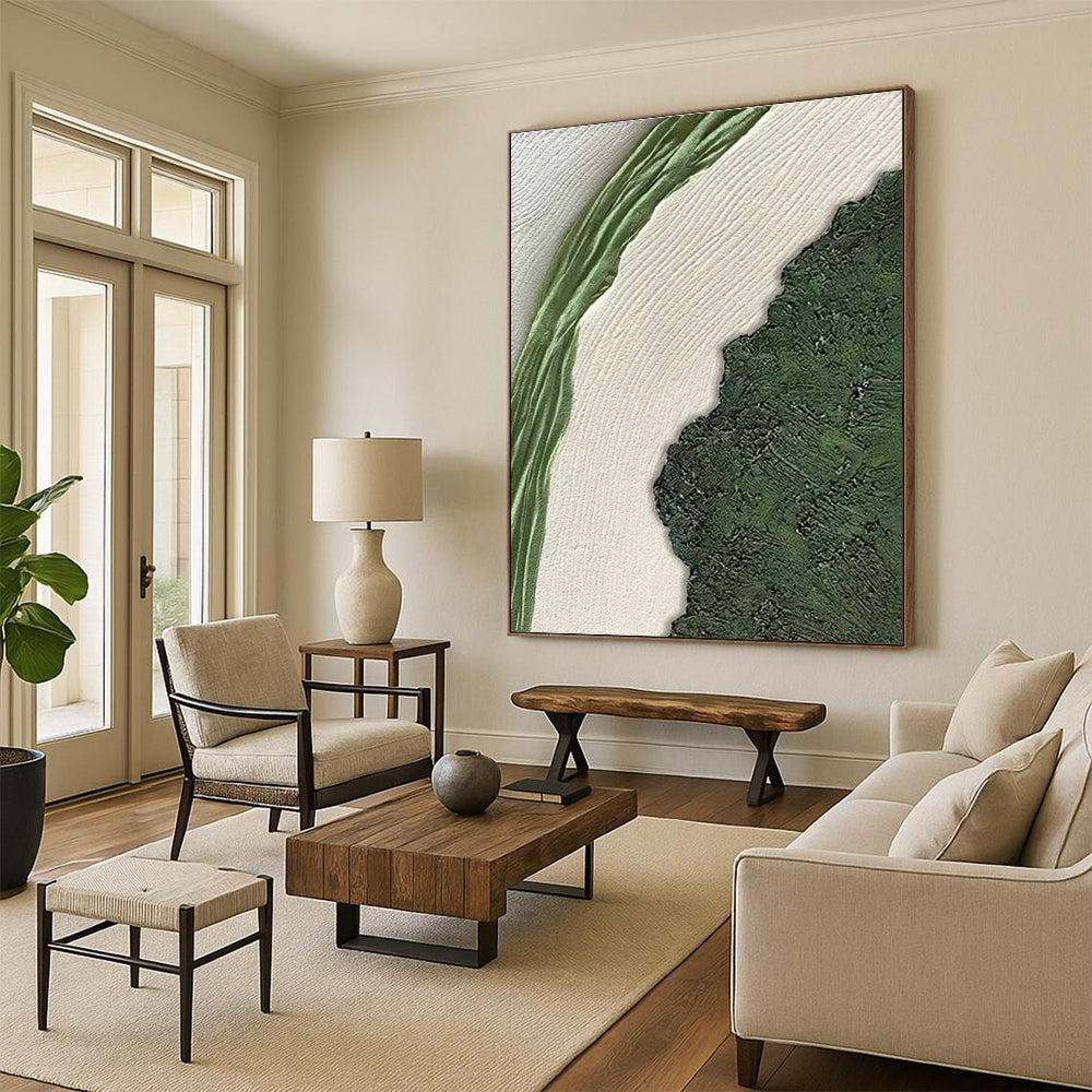 Textured Green and White Landscape Painting for Nature - Inspired Minimalist Spaces HENG316