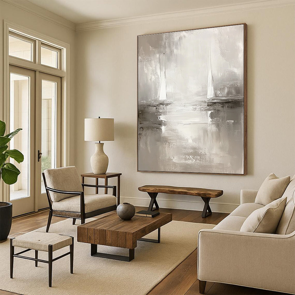 Monochrome Sailboat Abstract Painting for Serene Study Nooks GAB0822
