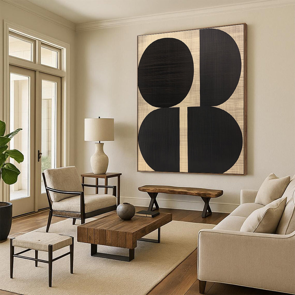 Black Oval Shapes on Woven Background Abstract Painting with Textured Geometry WINK242