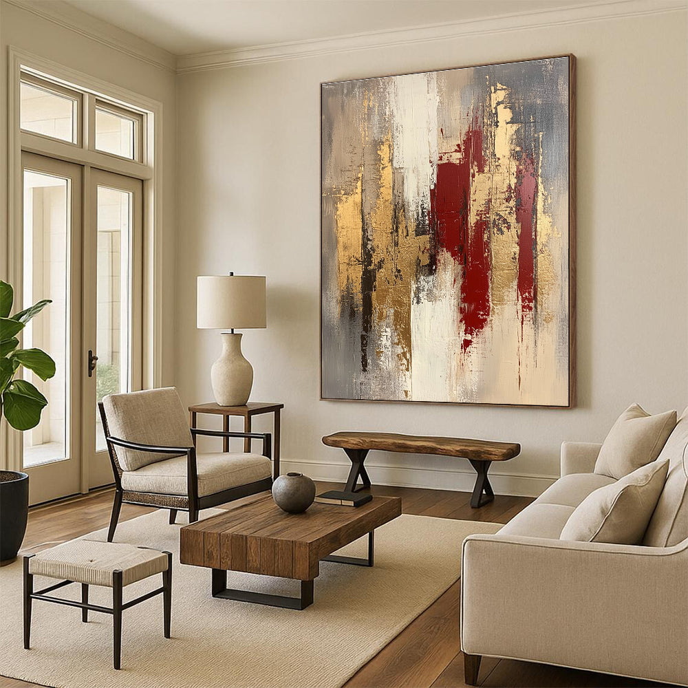 Gray Gold Red Abstract Painting with Rich Contrasts WINK663