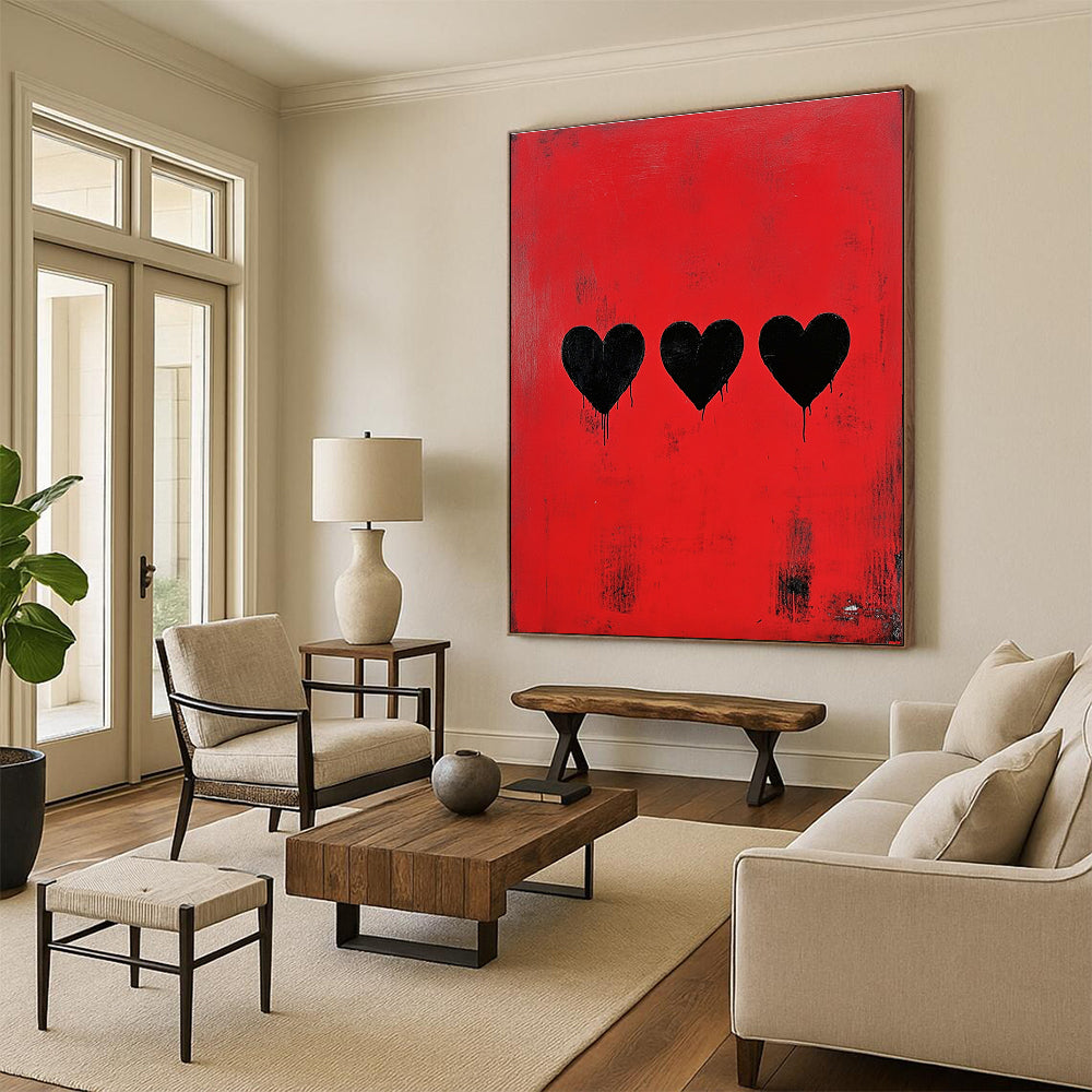 Red and Black Hearts Edgy Abstract Painting for Bold Spaces GAB1489