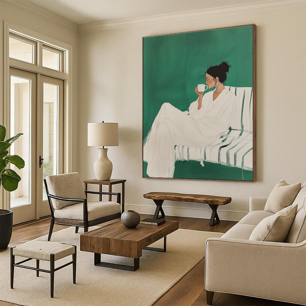 Leisurely Woman with Cup Abstract Painting in Green and White GAB0020