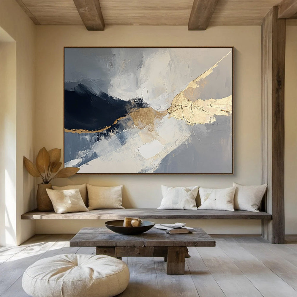 Black, White, and Gold Dynamic Abstract Painting ABS299